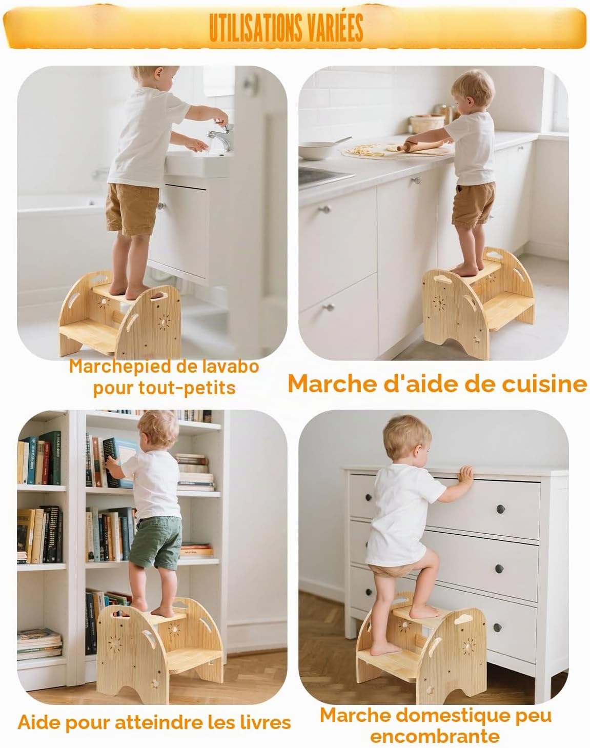 Escabeau enfant 2 marches bois jaune - 27% de remise