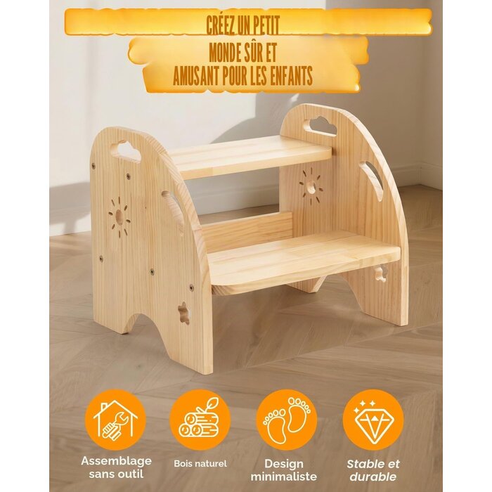 Escabeau enfant 2 marches bois jaune - 27% de remise