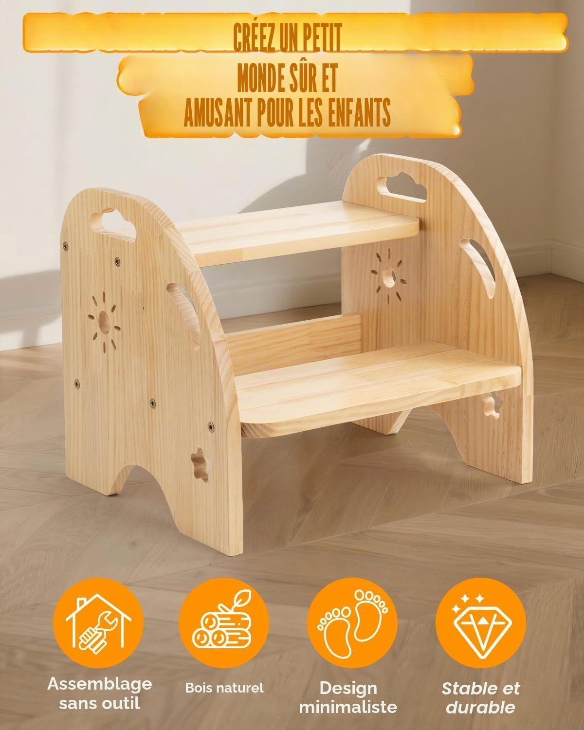 Escabeau enfant 2 marches bois jaune - 27% de remise