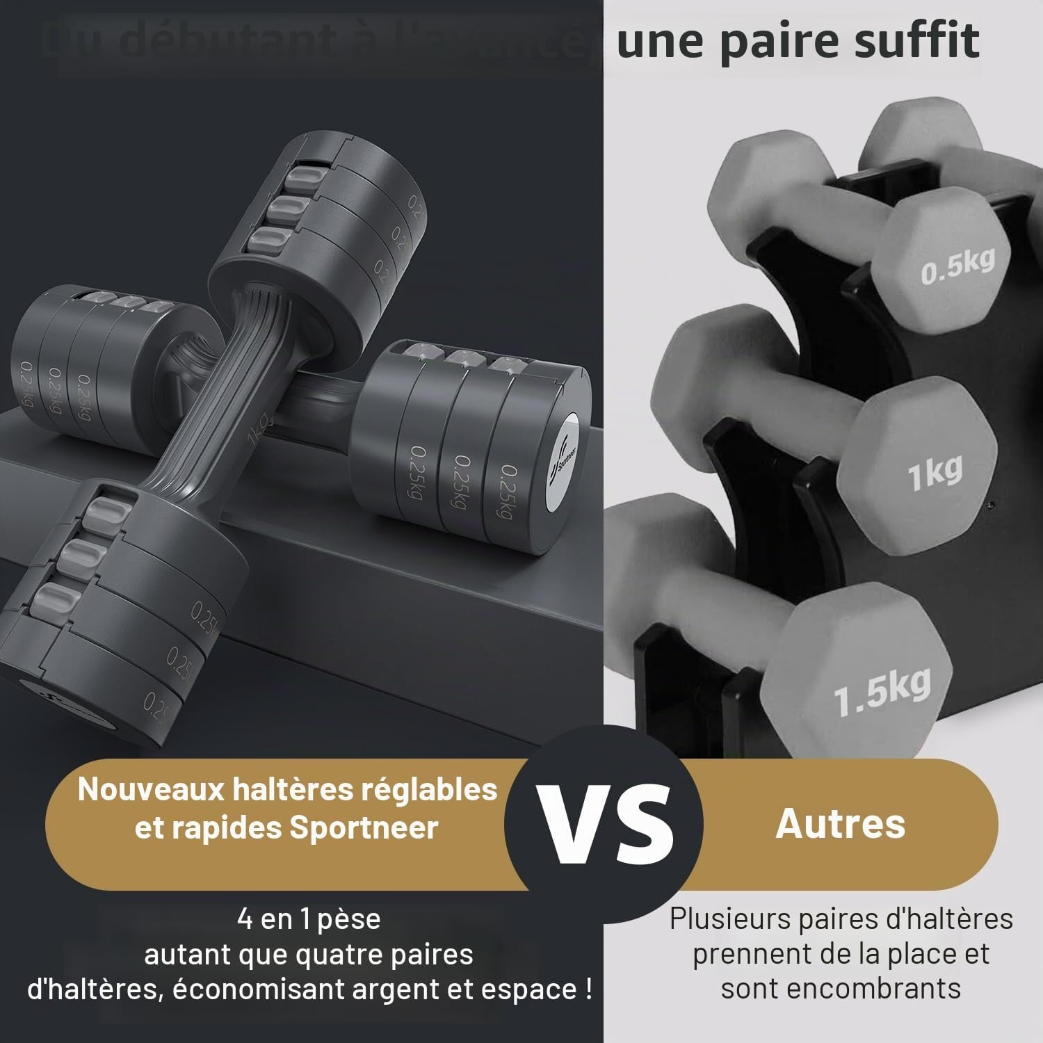 Set de 2 haltères réglables 4-en-1 Noir M - 32% de remise