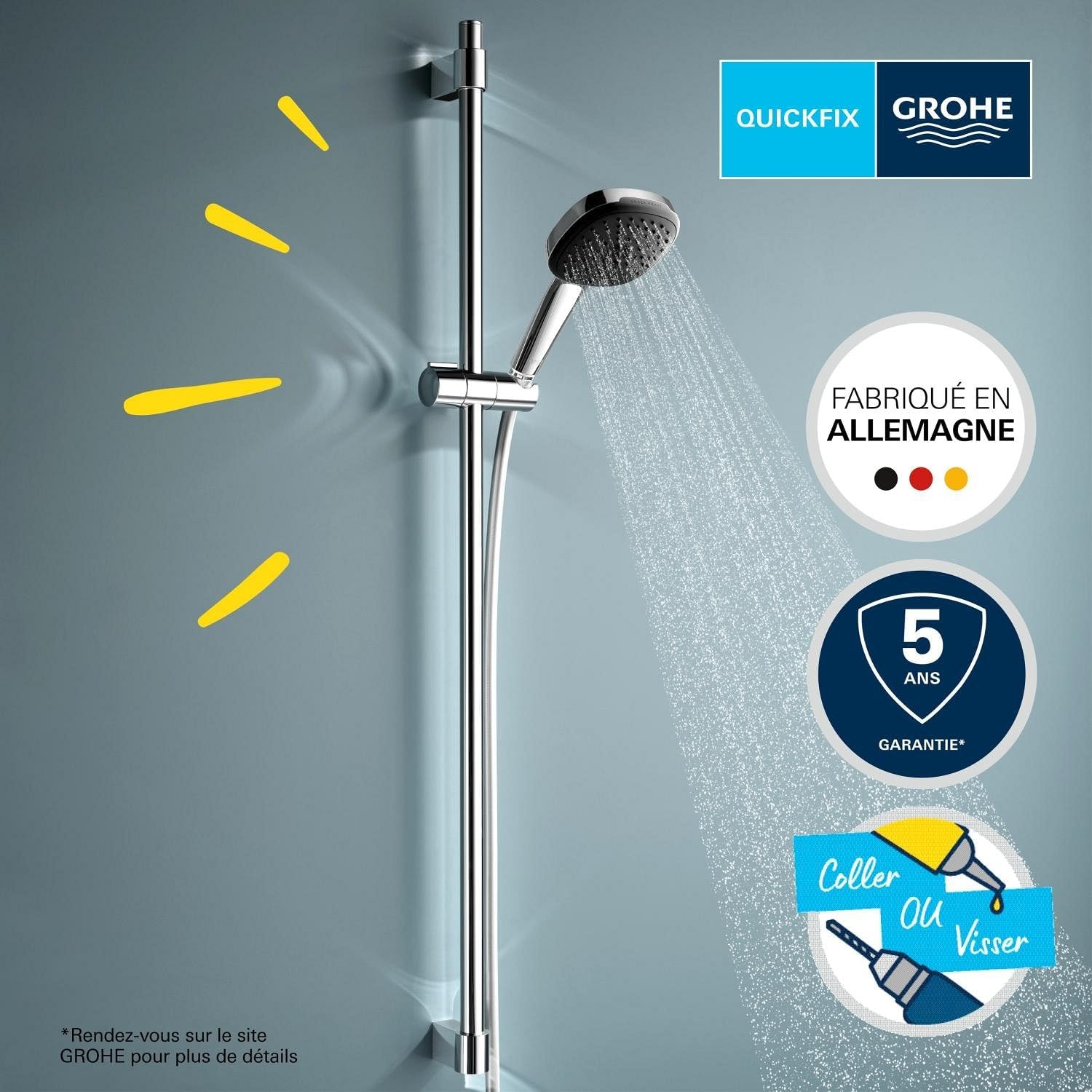 Set de douche carré 3 jets, barre 90 cm, 8 L/min - 34% de remise