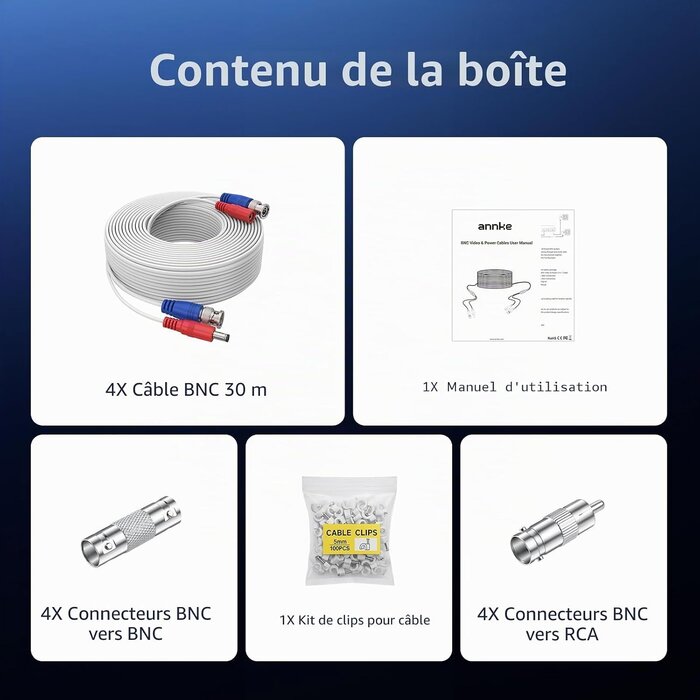 Lot de 4 câbles vidéo CCTV 30m, Blanc, S, 31% de remise