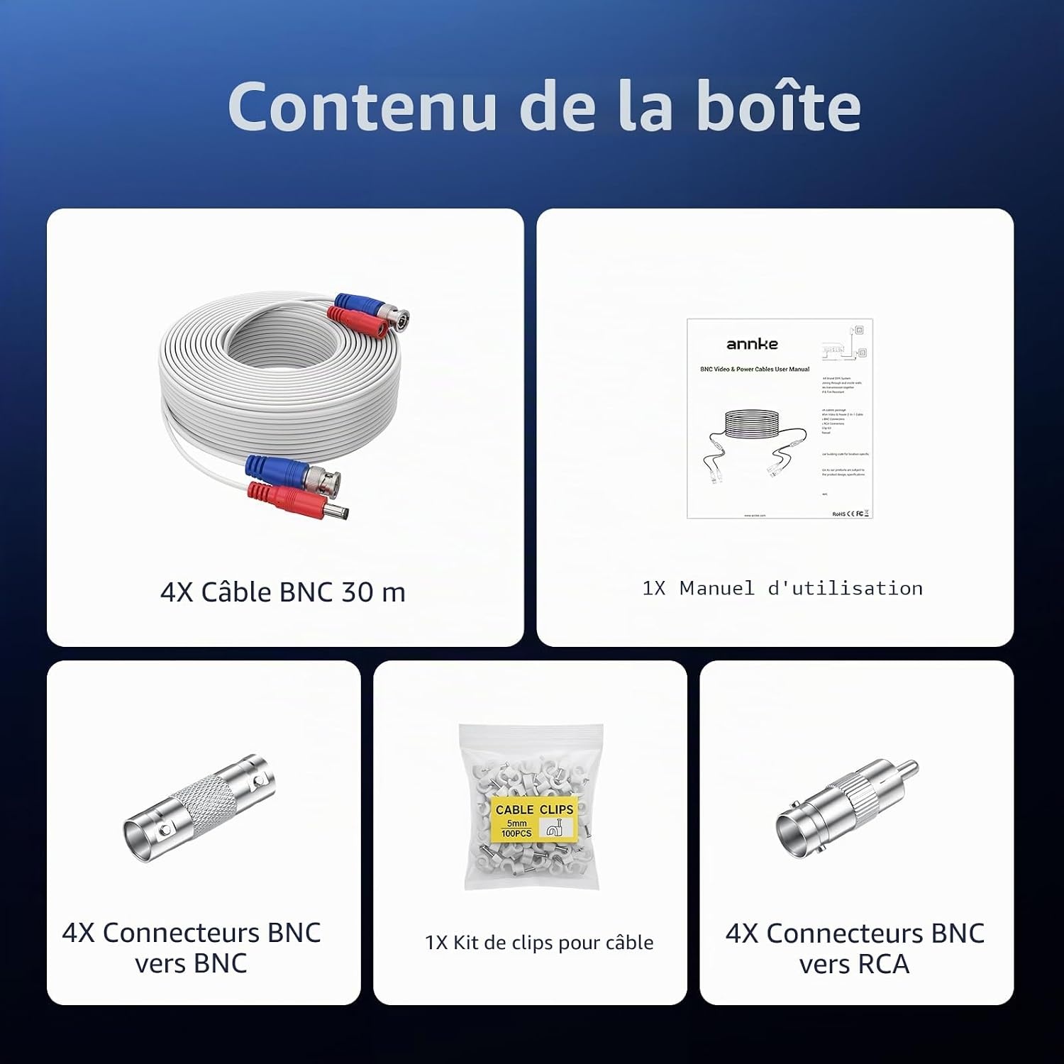 Lot de 4 câbles vidéo CCTV 30m, Blanc, S, 31% de remise