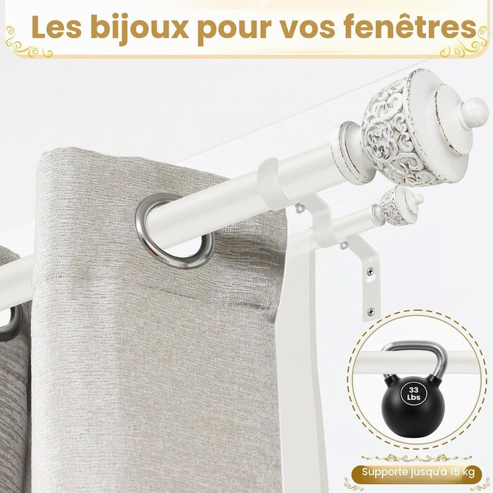Tringle à rideaux double extensible 213-305 cm - Blanc antique - 33% de remise