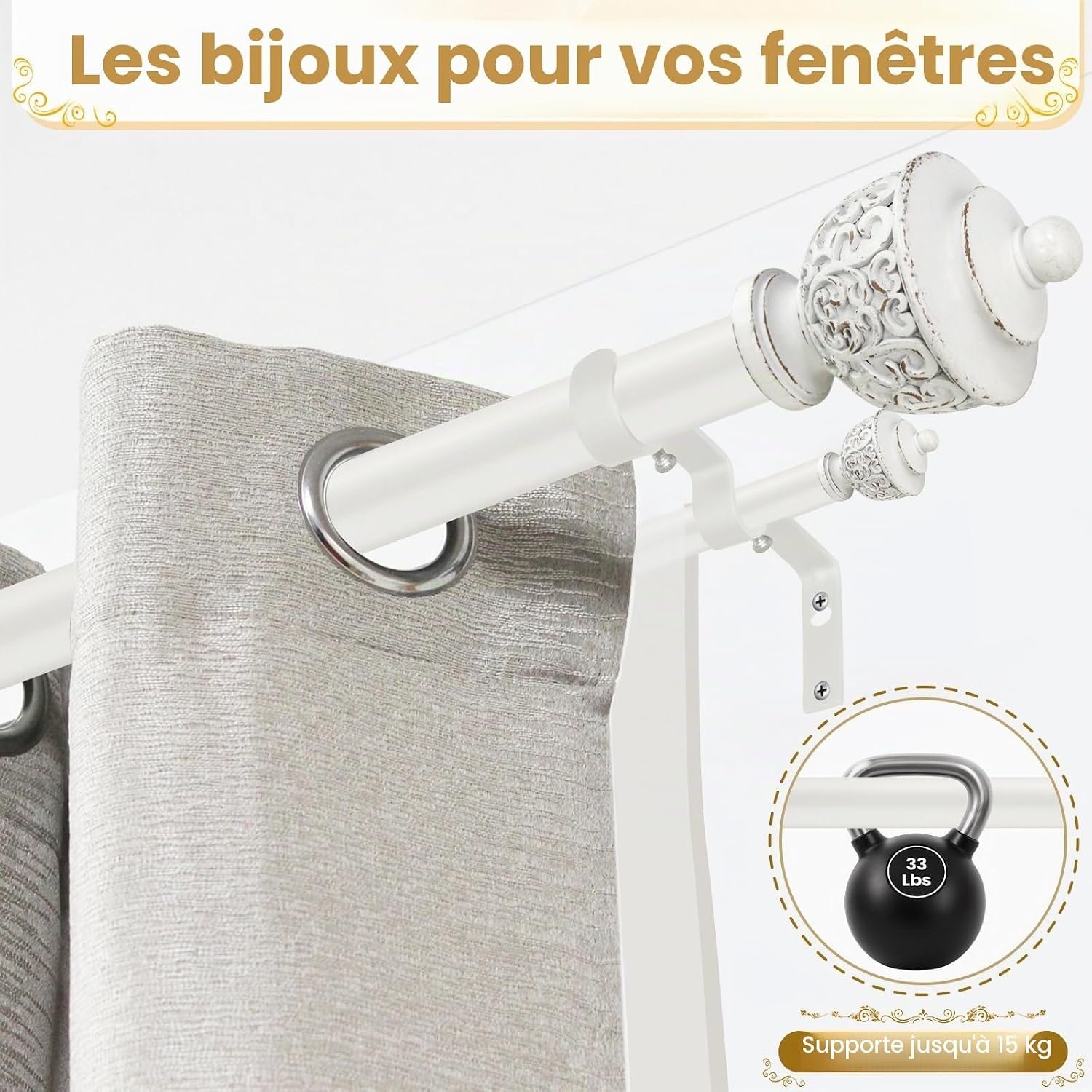 Tringle à rideaux double extensible 213-305 cm - Blanc antique - 33% de remise