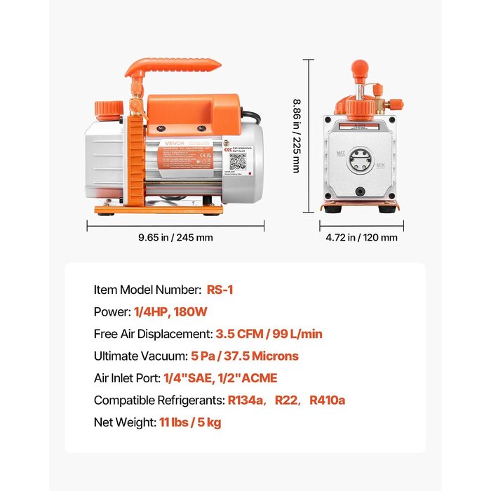Vevor Pompe à vide 3,5 CFM 1/4 CV - HVAC et dégazage - 33% de remise