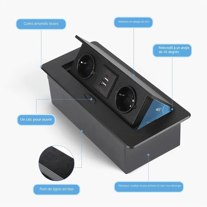 Bloc multiprise encastrable 2 prises + 2 USB - Noir - 32% de remise