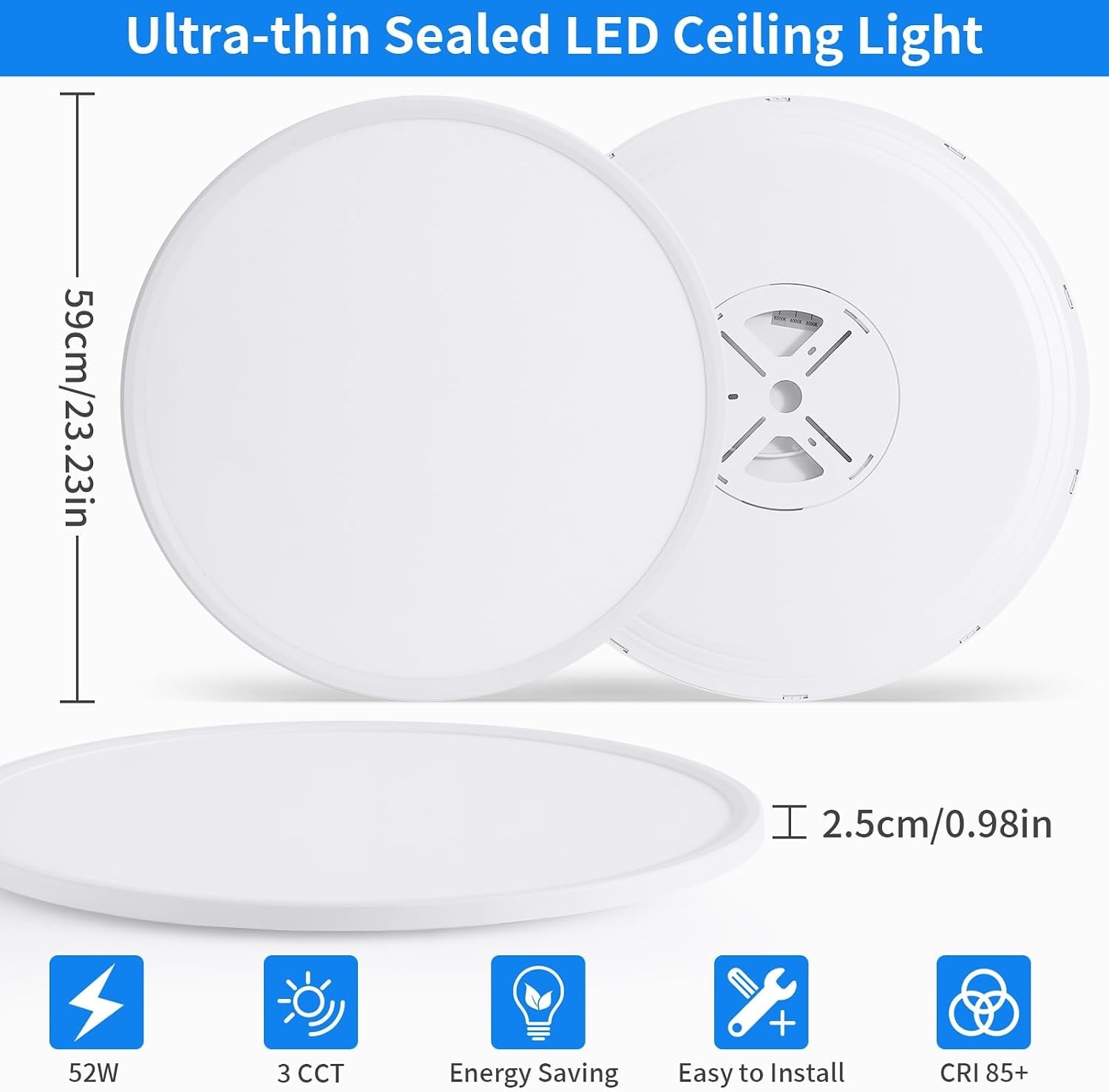Plafonnier LED ultra-plat 59cm 52W - 33% de remise - Blanc