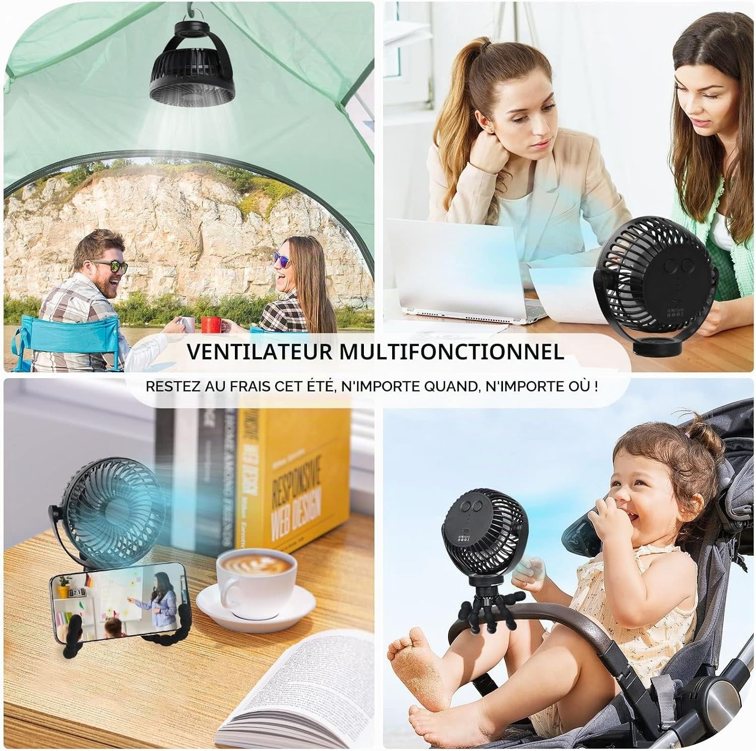 Ventilateur Portable 360° USB LED - 5200 mAh - Noir - 30% de remise