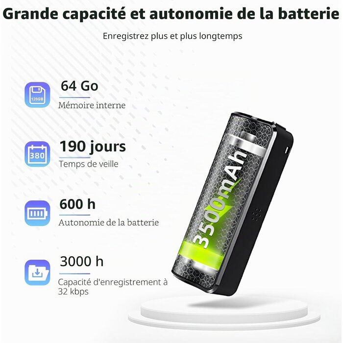 Enregistreur vocal magnétique 64 Go Zwart Taille S - 33% de remise