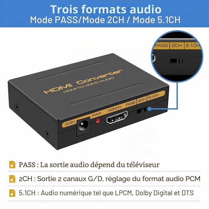 Extracteur audio HDMI 4K 30Hz vers SPDIF et RCA Noir - 30% de remise