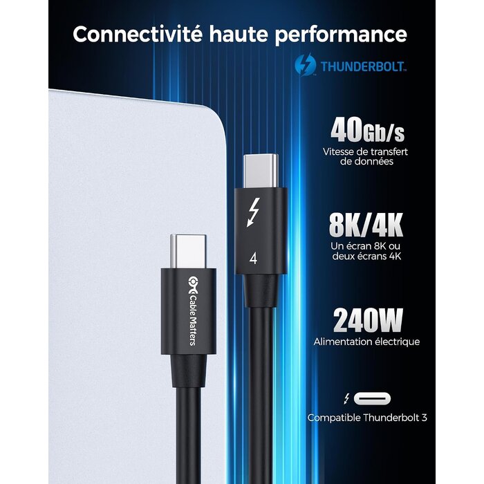 Câble Thunderbolt 4 0,8m - 40 Gb/s, 8K, 100W - 31% de remise