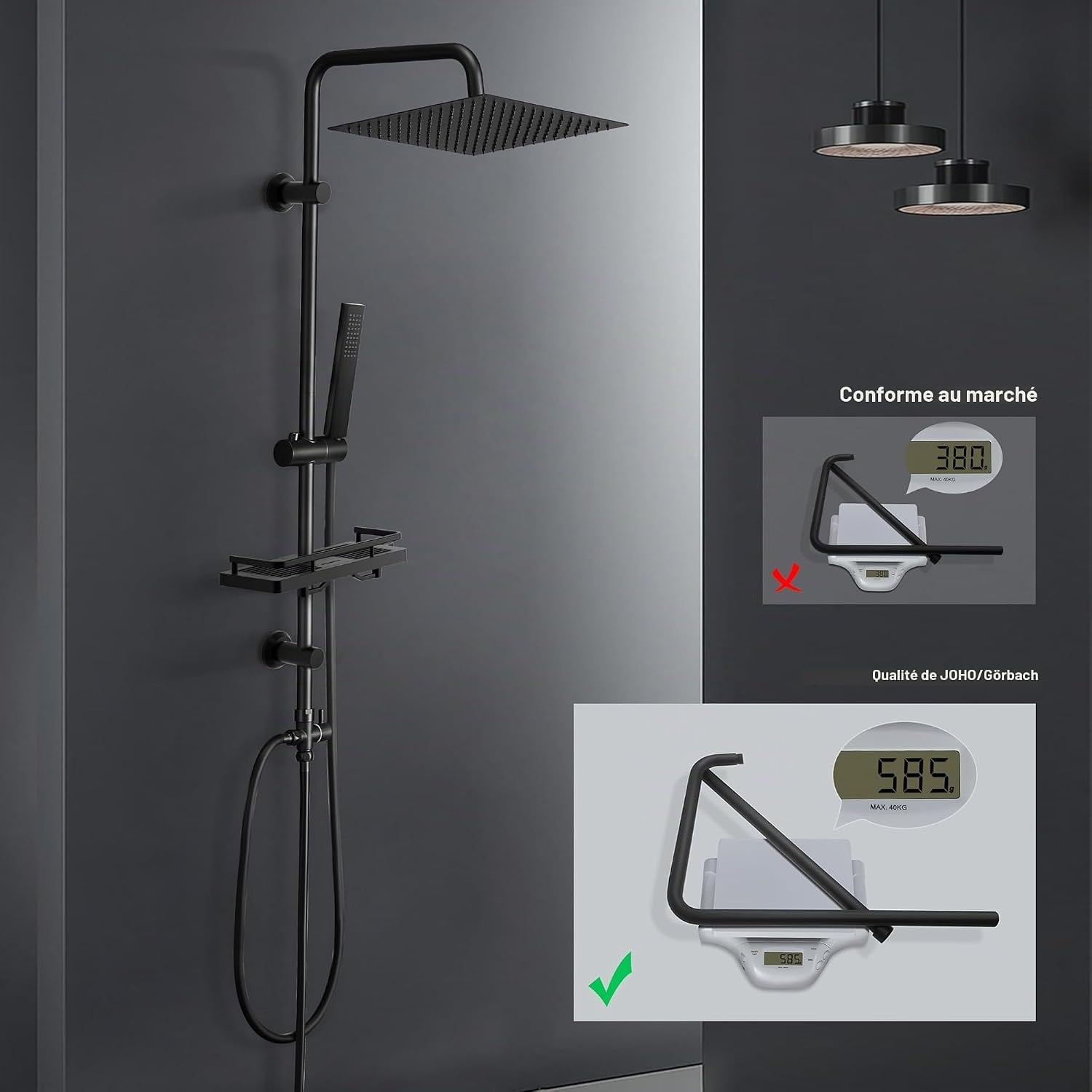 Colonne de douche noire avec tablette - 33% de remise
