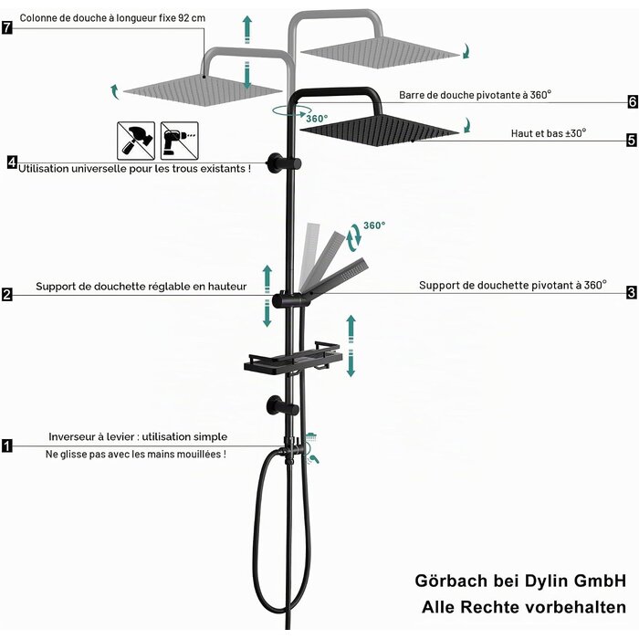 Colonne de douche noire avec tablette - 33% de remise