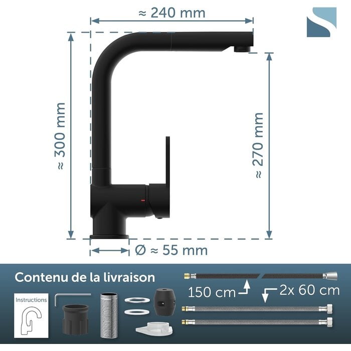 Mitigeur de cuisine avec douchette, noir mat - 34% de remise