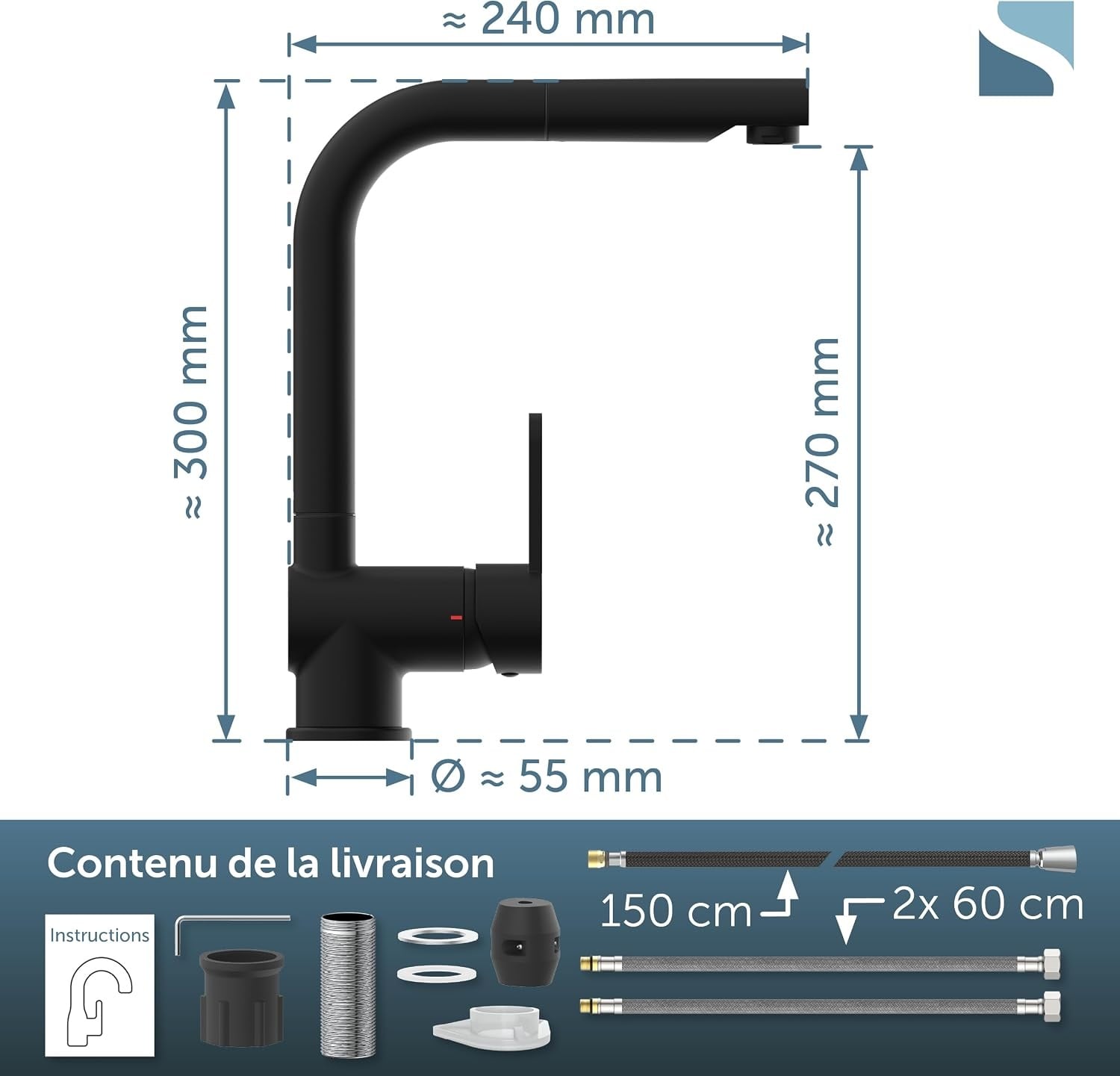 Mitigeur de cuisine avec douchette, noir mat - 34% de remise