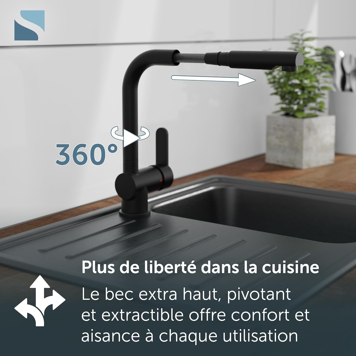 Mitigeur de cuisine avec douchette, noir mat - 34% de remise