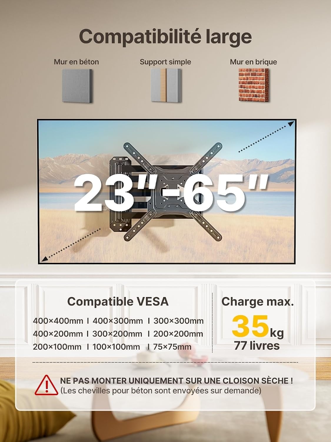 Support mural TV articulé 23-65 pouces bras 946 mm - 34% de remise