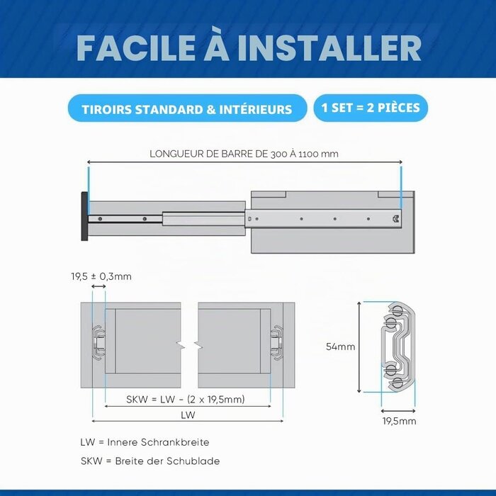 Glissières télescopiques 700 mm L, acier chromé - 31% de remise
