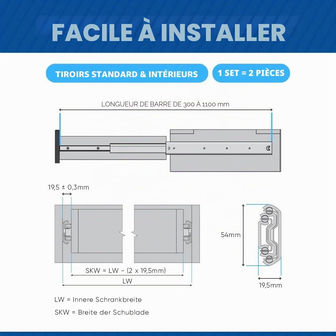 Glissières télescopiques 700 mm L, acier chromé - 31% de remise