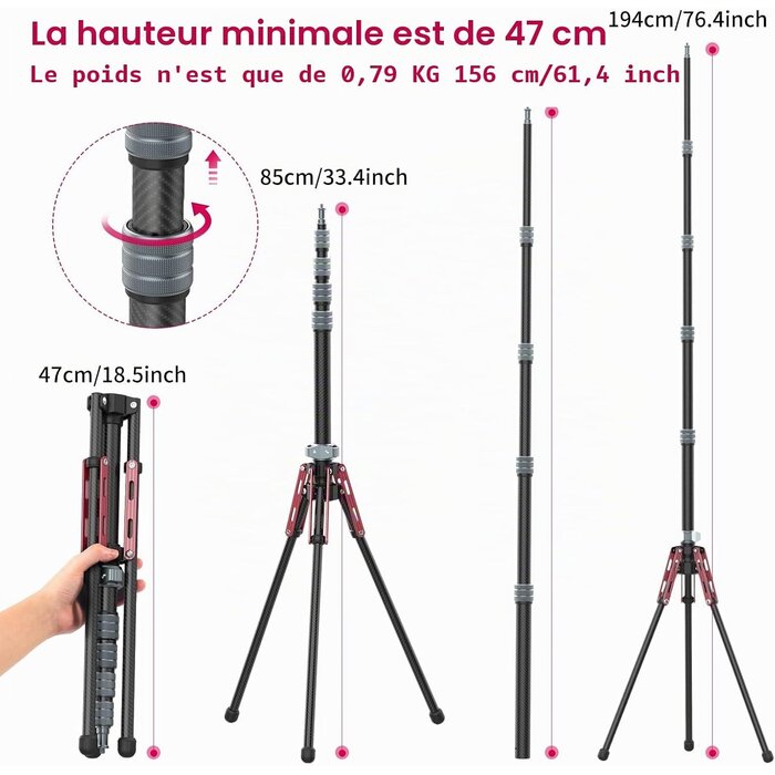 Trépied photo fibre de carbone 194cm - 34% de remise