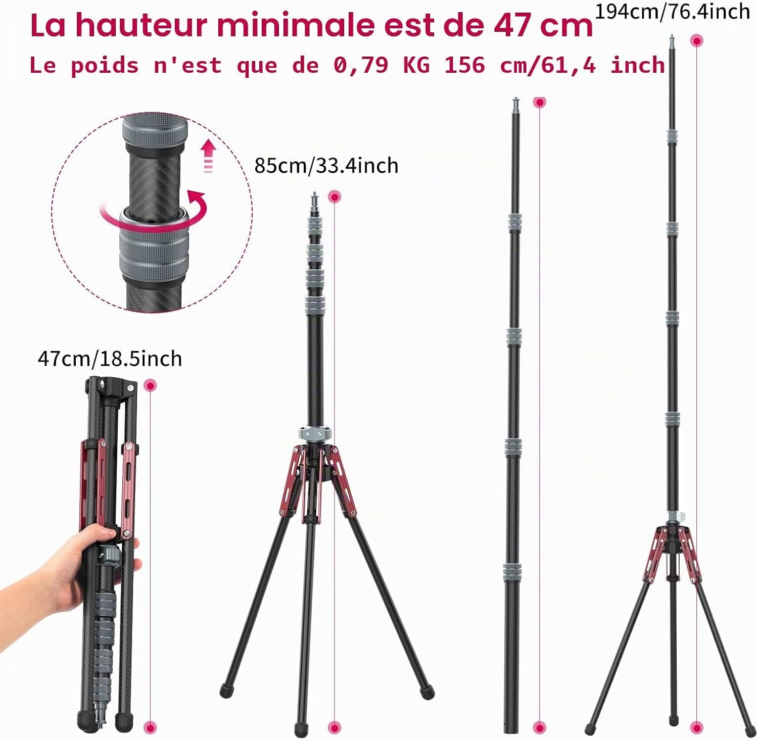 Trépied photo fibre de carbone 194cm - 34% de remise