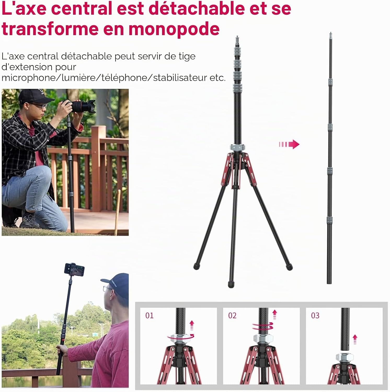 Trépied photo fibre de carbone 194cm - 34% de remise