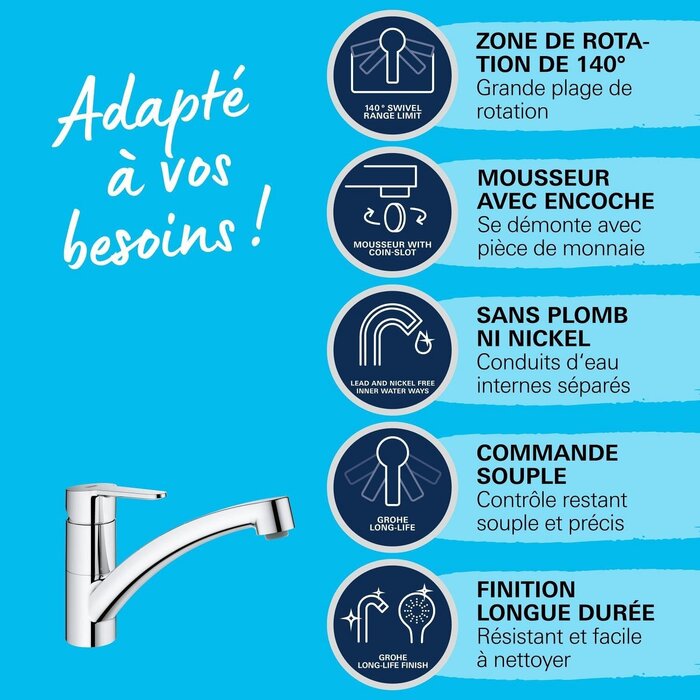Mitigeur d'évier bec plat chromé 140° - 33% de remise