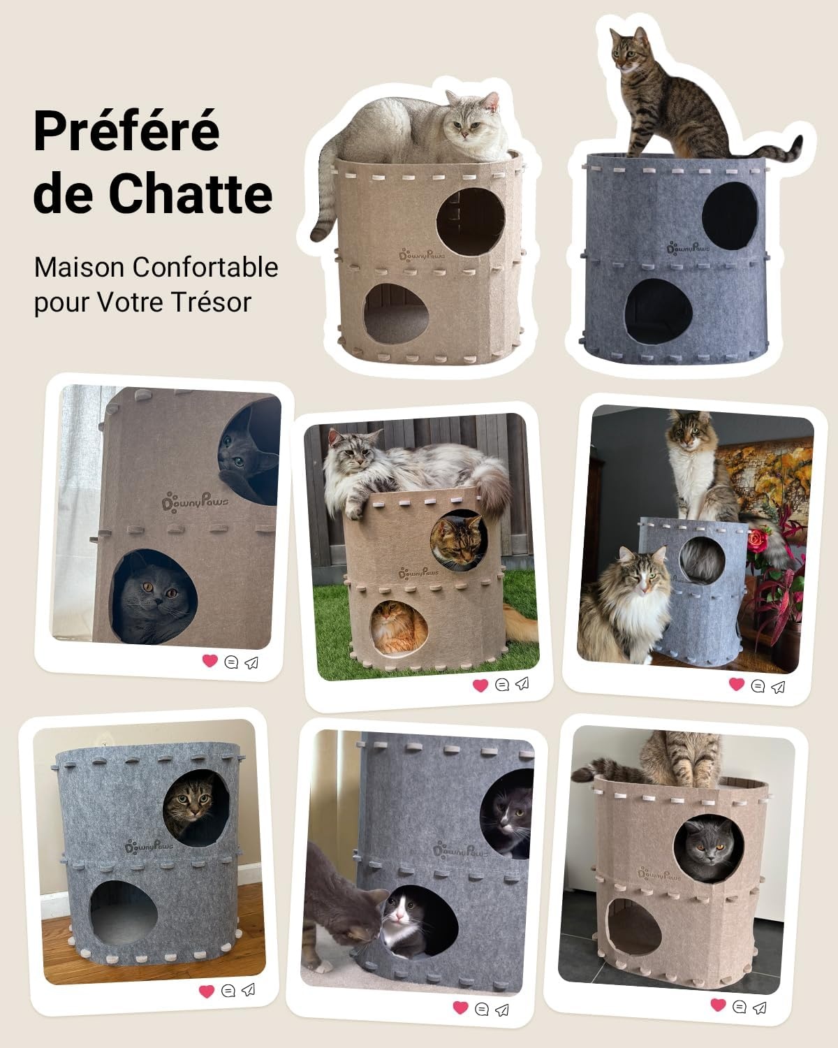 Maison pour chat à 2 étages en feutre gris - 32,8x50x50 cm - 31% de remise