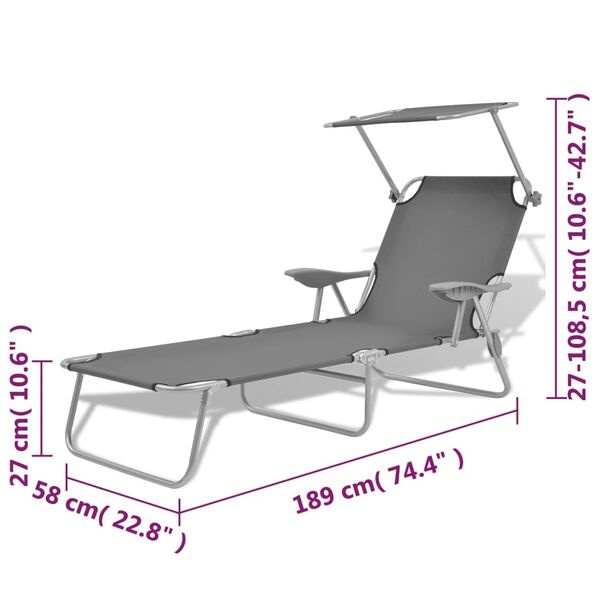 Bain de soleil pliant avec pare-soleil gris - 34% de remise