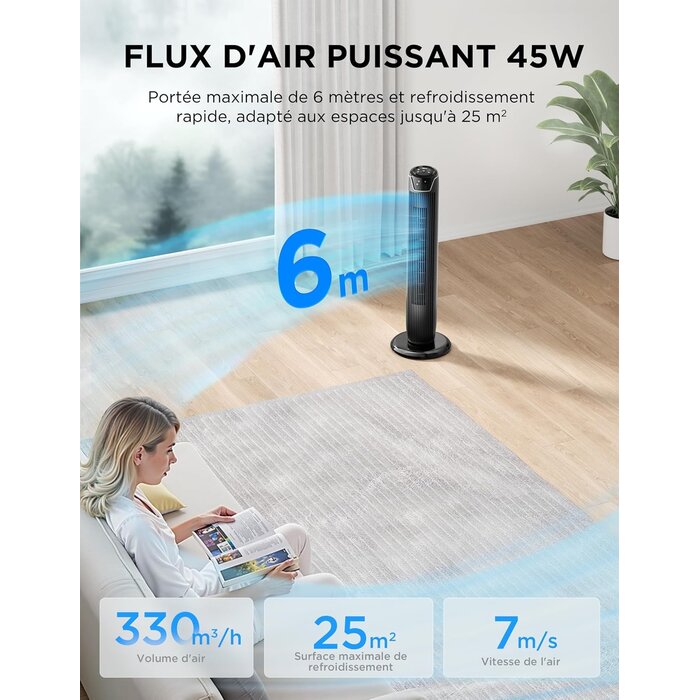 Ventilateur colonne noir 92 cm - 3 vitesses - Télécommande - 34% de remise