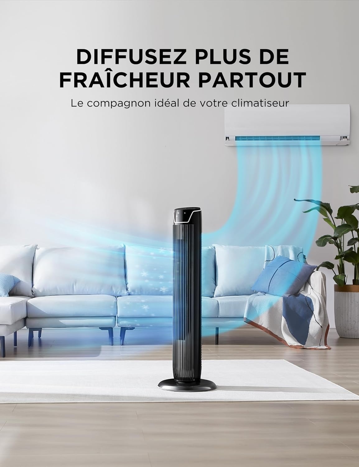 Ventilateur colonne noir 92 cm - 3 vitesses - Télécommande - 34% de remise