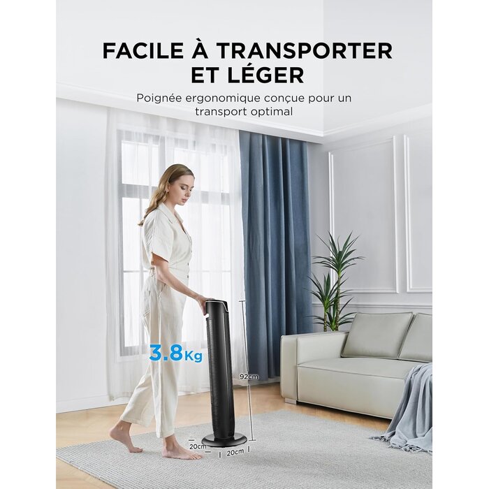 Ventilateur colonne noir 92 cm - 3 vitesses - Télécommande - 34% de remise