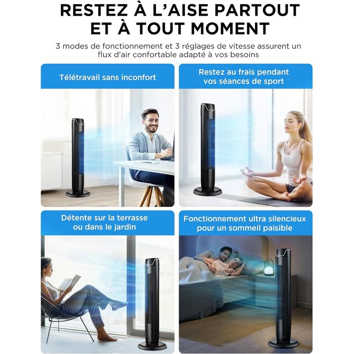 Ventilateur colonne noir 92 cm - 3 vitesses - Télécommande - 34% de remise