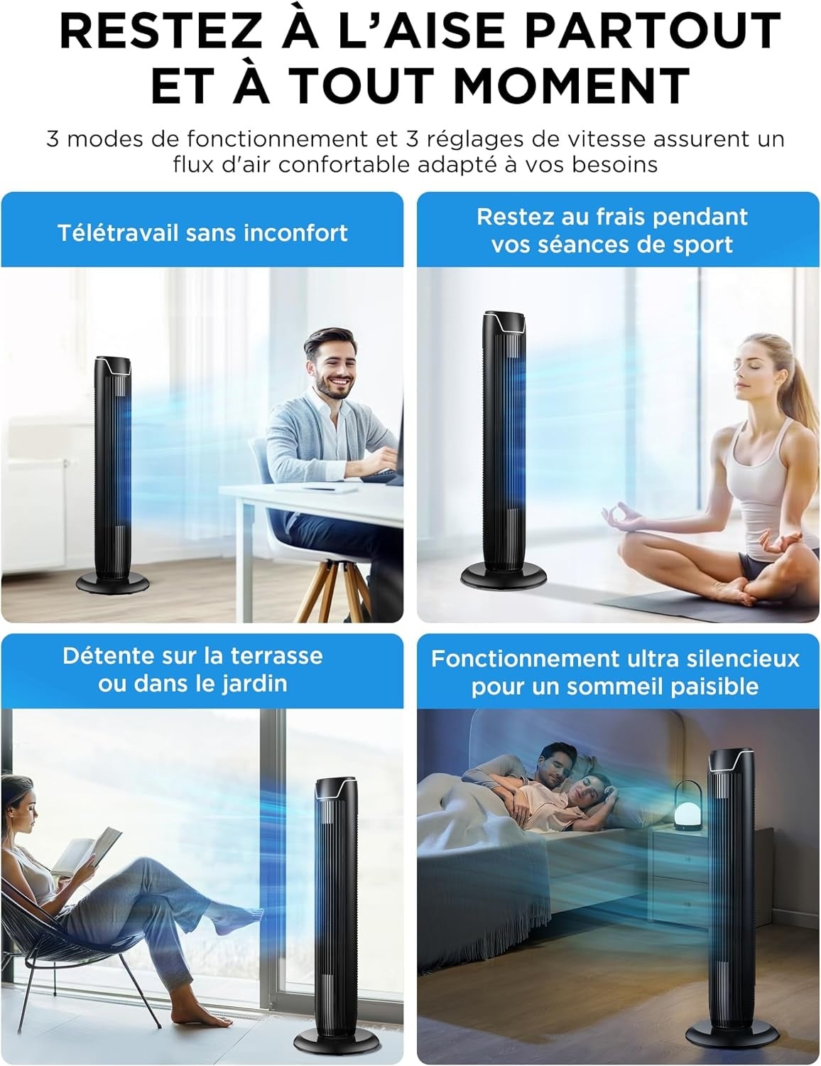 Ventilateur colonne noir 92 cm - 3 vitesses - Télécommande - 34% de remise