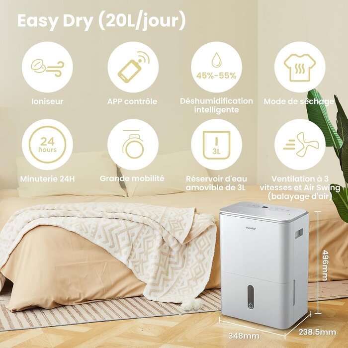 Déshumidificateur 20L 40 m² Blanc L - Déballé - 35% de remise