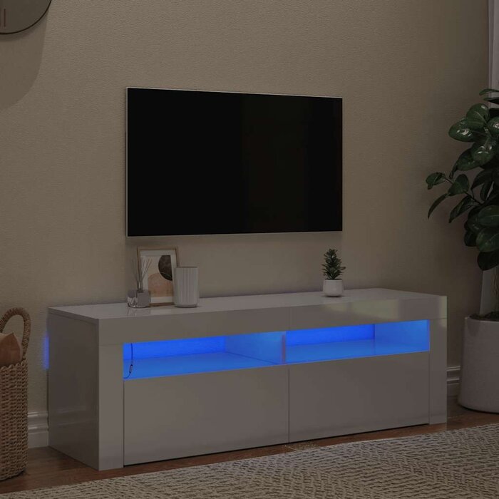 Meuble TV LED 120 cm Blanc Brillant - 34% de remise