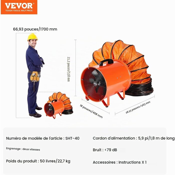 Ventilateur industriel 900W 16" avec flexible 10m - 35% de remise