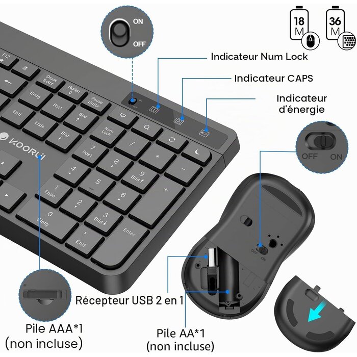 Ensemble clavier souris sans fil QWERTZ - Noir - 36% de remise