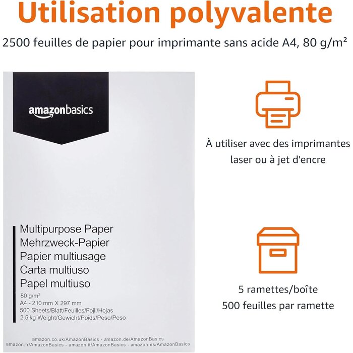 Amazon Basics Lot de 2500 feuilles papier A4 80g blanc - 37% de remise - wit - M