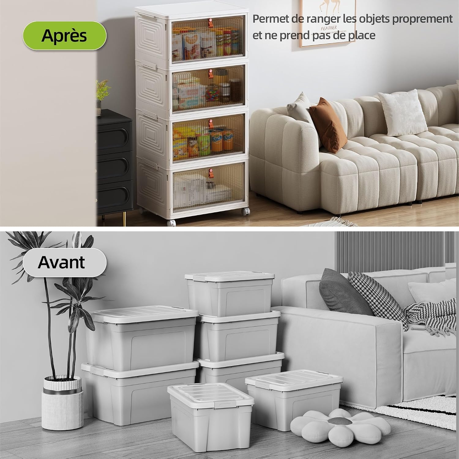 Lot de 4 boîtes de rangement empilables 47L - Gris clair - 31% de remise