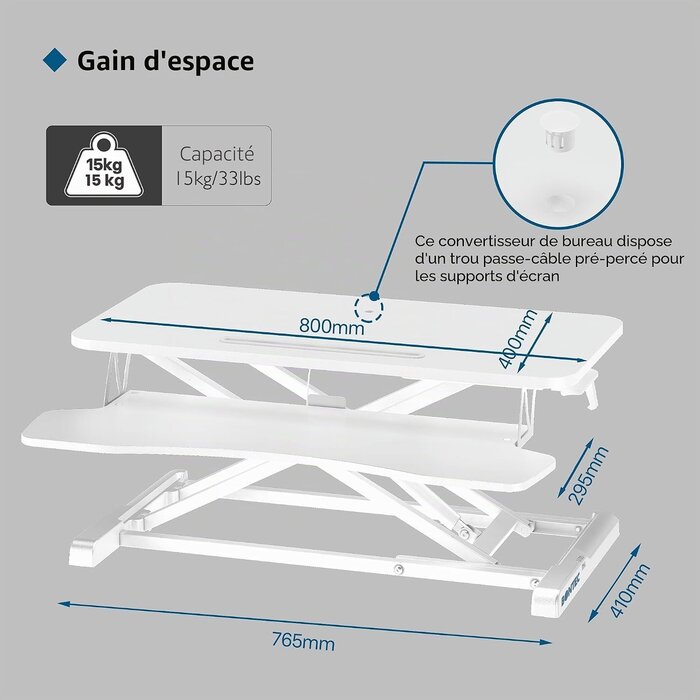 Bureau assis-debout ergonomique 800x400 mm blanc - 34% de remise