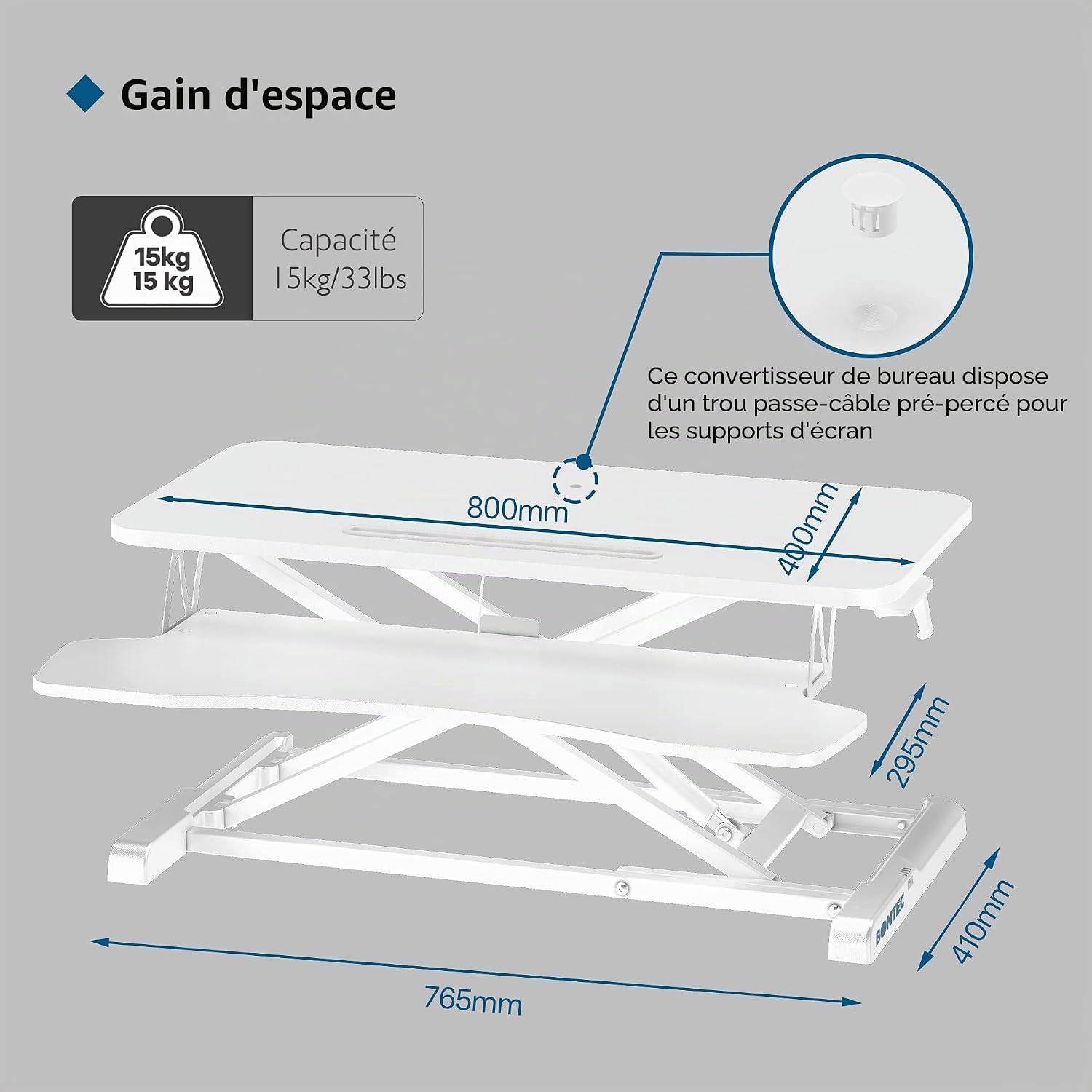 Bureau assis-debout ergonomique 800x400 mm blanc - 34% de remise