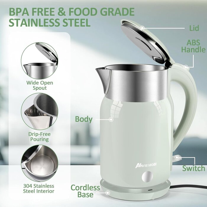 Bouilloire électrique 1,8L acier inox verte - 30% de remise