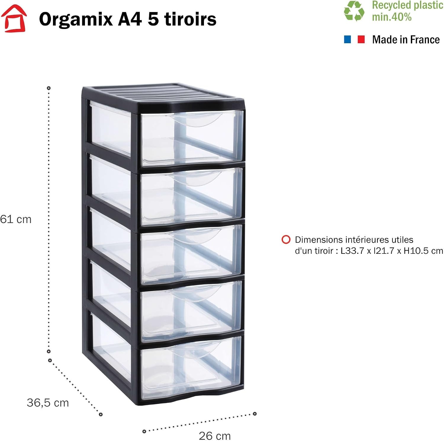 Tour de rangement 5 tiroirs A4 - 31% de remise - Noir et Transparent