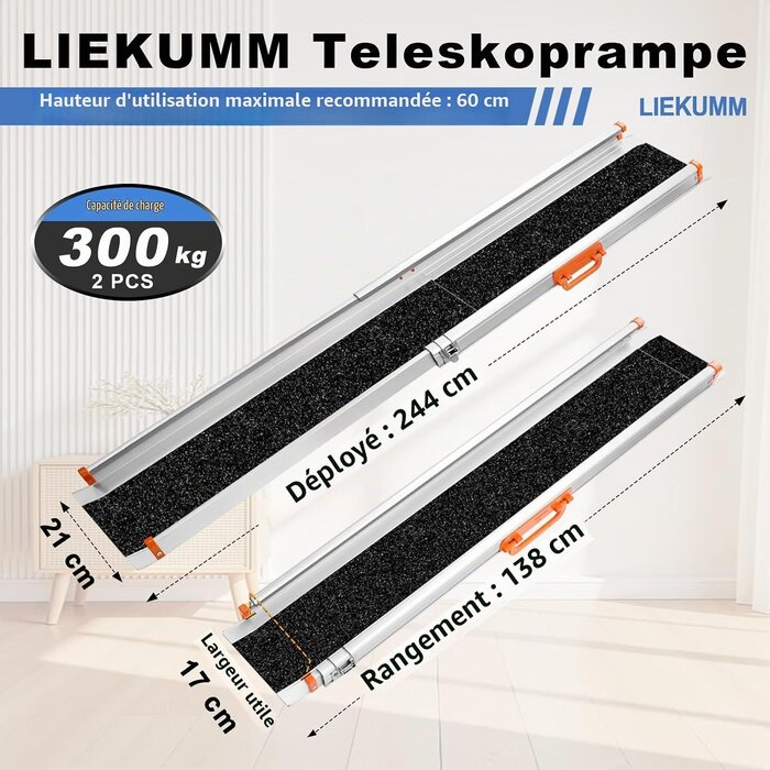 Rampe d'accès télescopique 2x 138-244 cm - 300 kg - 30% de remise