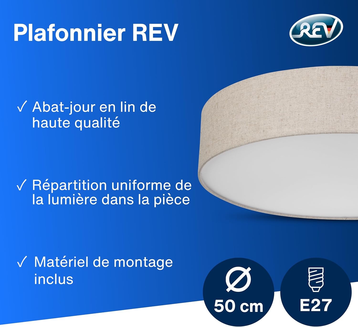 Plafonnier rond 50 cm en lin taupe - 33% de remise
