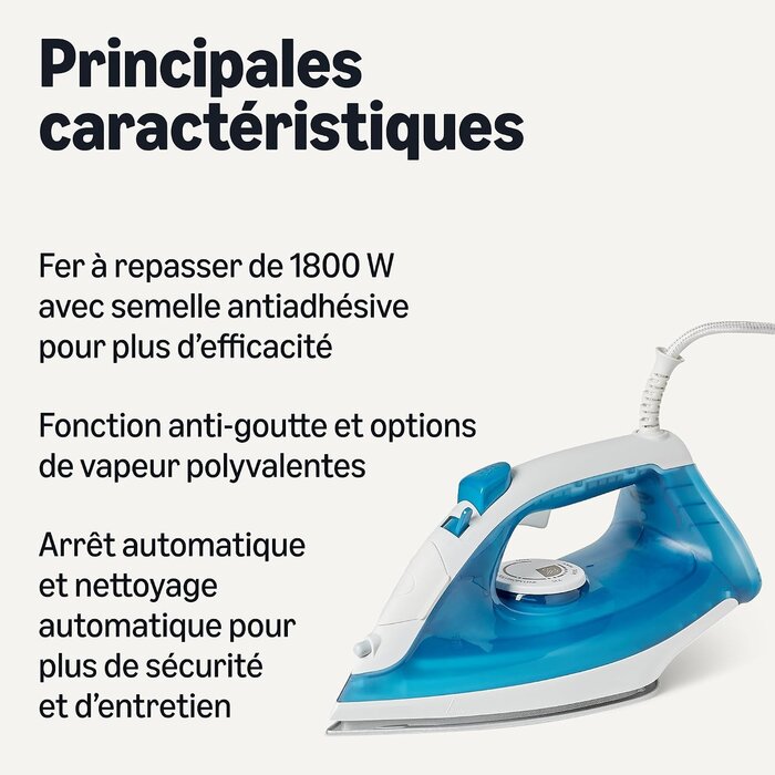 Amazon Basics Fer à repasser vapeur 1800W bleu - 29% de remise - Déballé bon état