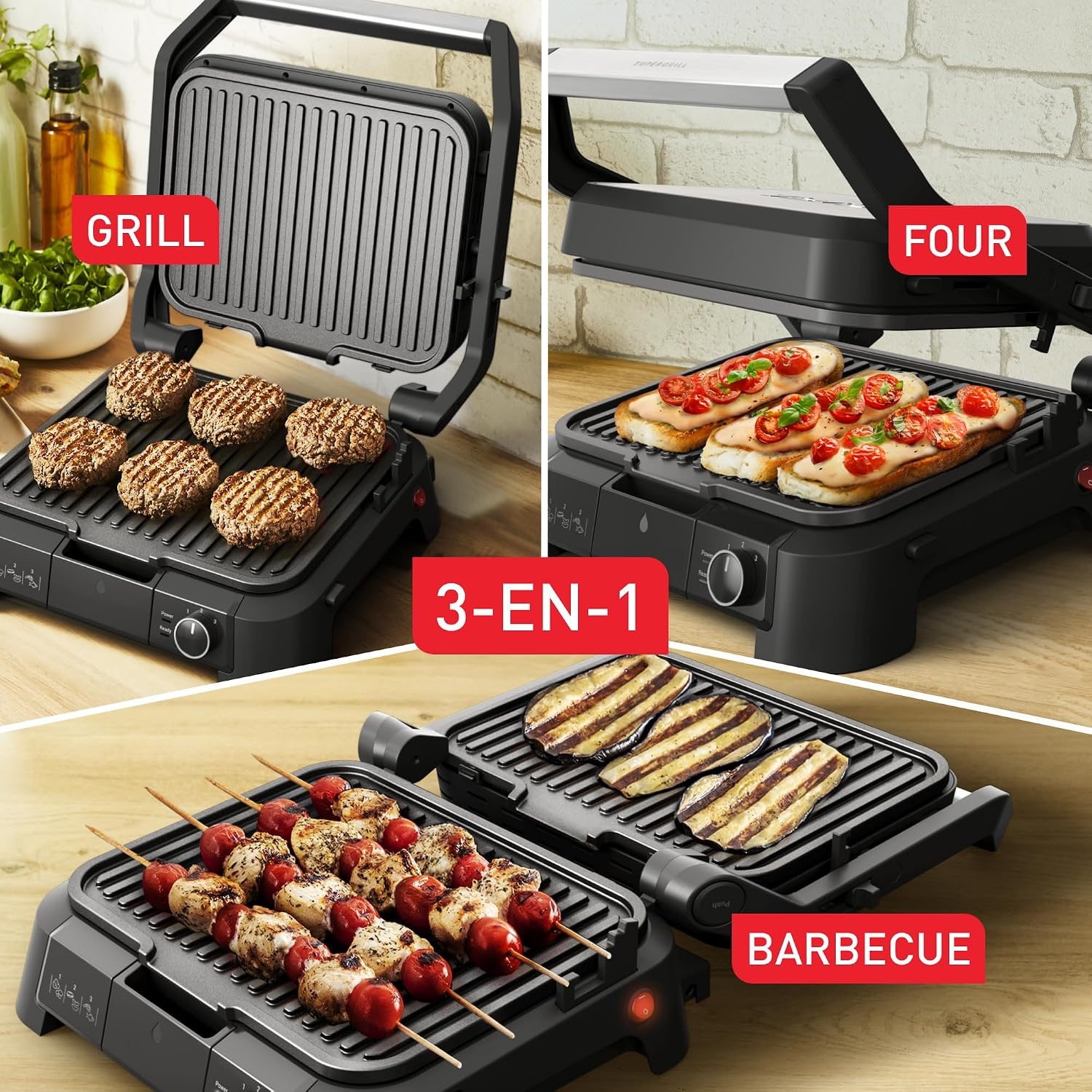 Gril de contact 3-en-1 2000W - Inox - Pour 6 personnes - 34% de remise