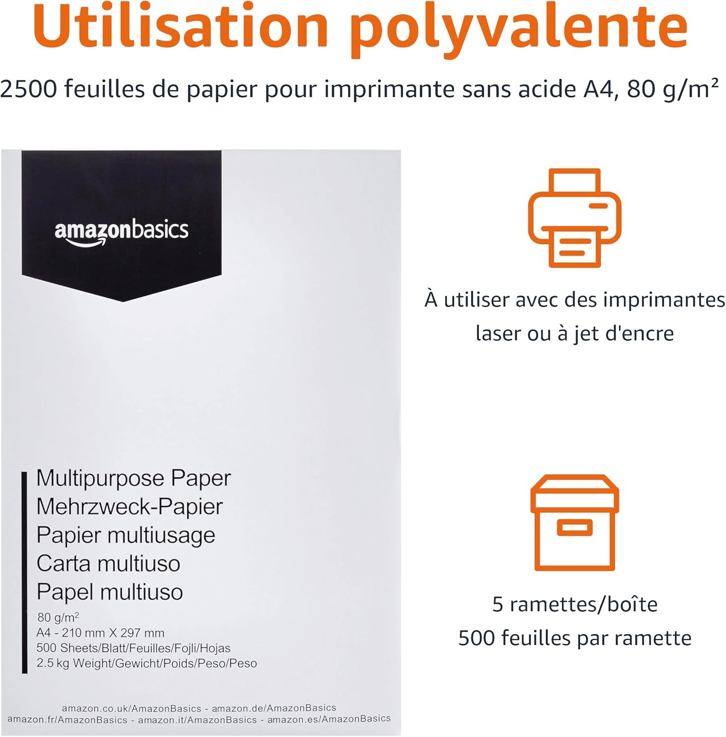 Amazon Basics Lot de 2500 feuilles papier A4 80g - 31% de remise